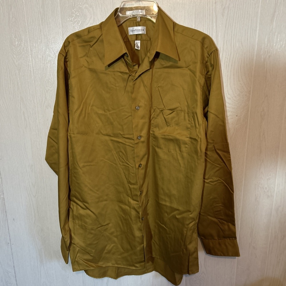 van heusen dress shirt Large 16 1/2 Mustard Gold Dress 34/35 Lux Sateen